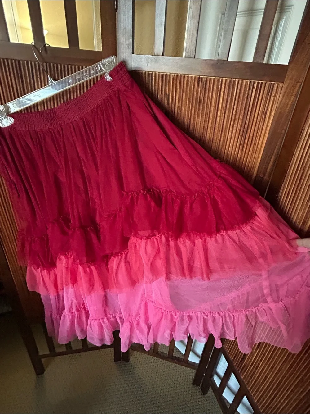 A-line skirt with ruffle tiers in burgundy and pink with elastic waist band. - Picture 4 of 12